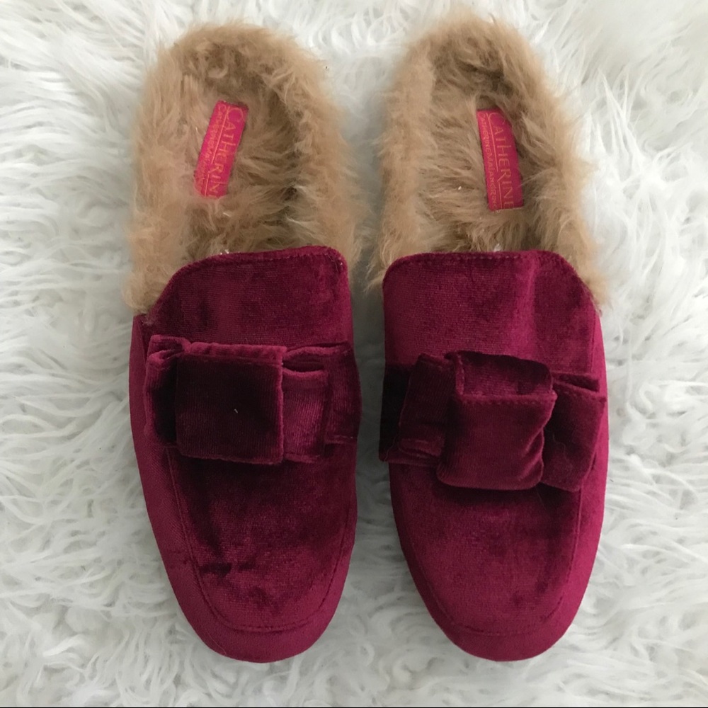 catherine malandrino furrow velvet bow fur mules